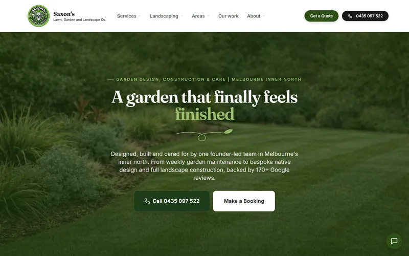 The Saxon's Lawn, Garden and Landscape Co. homepage on a desktop screen